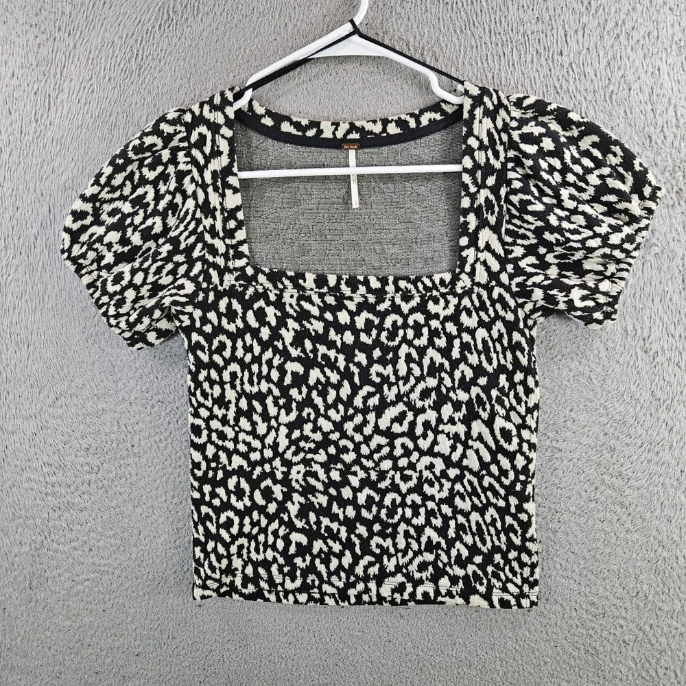 Free People Womens Small Black Leopard Puff Sleeve Square Neck Top